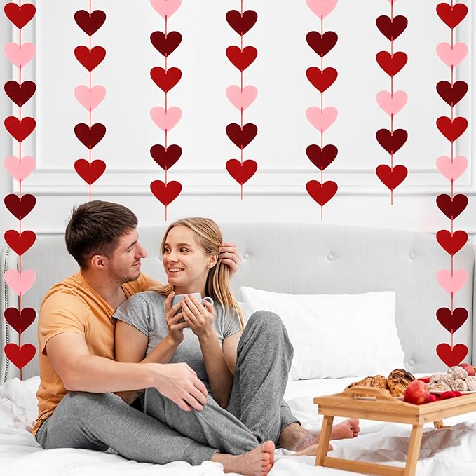 12 PCS Valentines Banner, Hanging Valentines Decor, Pre-Assemble Heart Banner Galentines Day Decorations for Holiday Classroom School Home Backdrop Decor（Red, Pink, Burgundy）