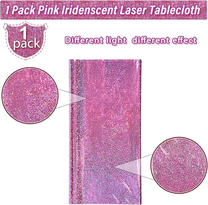 1 Pack Iridescence Plastic Tablecloths Shiny Disposable Laser Rectangle Table Covers Holographic Foil Tablecloth Iridescent Kpop Birthday Bridal Wedding Christmas Party Decoration, 54" x 108" (Pink)