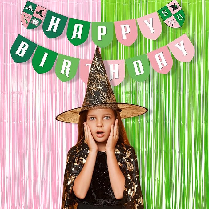 BRAVESHINE Party Streamers Backdrop - 2 Pack 3.2ft X 8.2ft Tinsel Foil Fringe Curtains for Margarita/Witch/Luau/Princess/Fairy/Girl/Birthday/Wizard/Photo Booths/Pink and Green Party Decorations