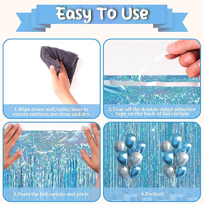 3.3 x 6.6 ft Foil Fringe Backdrop Curtains, Tinsel Streamers Party Decorations, Fringe Backdrop for Birthday, Baby Shower, Gender Reveal, Graduation (6, Light Blue)