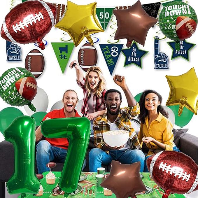 Football Balloons Foil Football Birthday Decorations Balloons Green Number 17 Balloon Gold Brown Star Touchdown Ballons for Rugby Birthday Decorations Sports Ballons Arch Kits Party Balloon Sets 10pcs