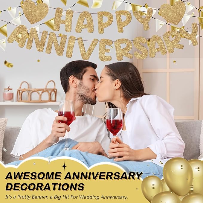 Fulmoon Happy Anniversary Banner Glitter Happy Anniversary Decorations Wedding Party Banner Romantic Decorations No DIY Pre-strung for Wedding Party Birthday Door(Champagne Gold)