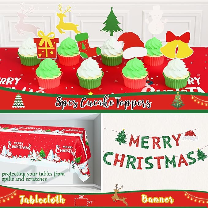 Merry Christmas Party Decorations Kit, Christmas Balloon Garland Arch With Red Green Gold Snow Santa Party Supplies Banner Topper Backdrop Tablecloth - Winter Holiday Indoor Outdoor Home Decor