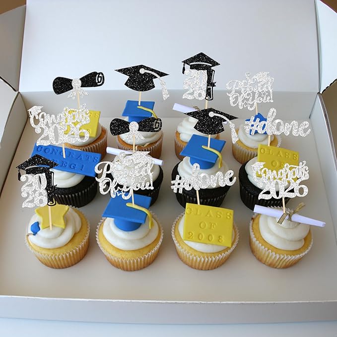 Gyufise 24Pcs Graduation Cupcake Toppers 2026 Silver Glitter Class of 2026 Cupcake Toppers Supplies So Proud of You Congrats Grad Cap Diploma Cupcake Picks for Graduation Party Decorations