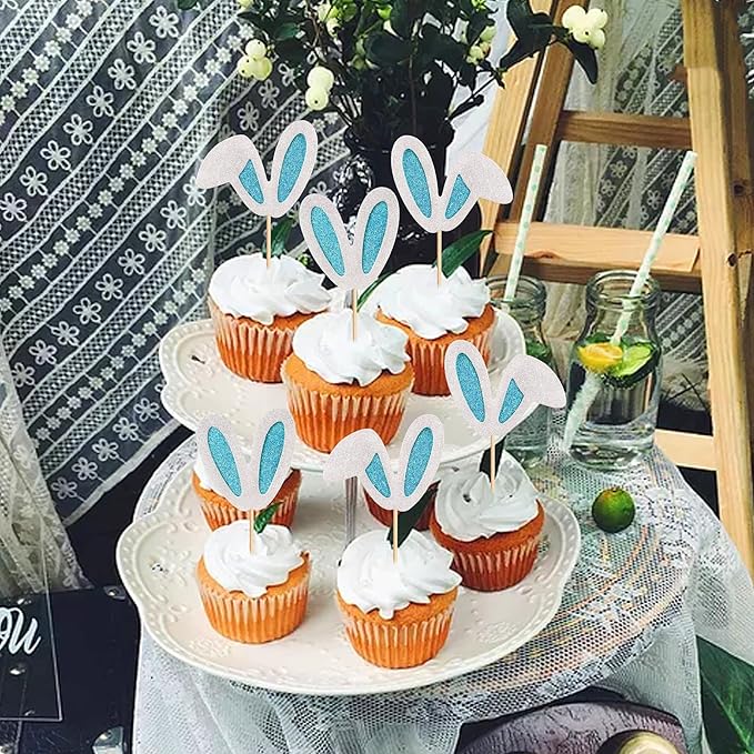 Ercadio 24 Pack Easter Bunny Ear Cupcake Toppers Glitter Blue White Rabbit Ears Cupcake Picks Easter Bunny Cupcake Toppers Rabbit Cake Toppers for Kids Boys Birthday Baby Shower Party Supplies