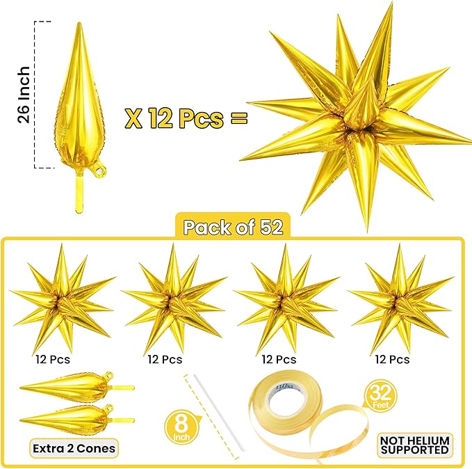 KatchOn, Large Gold Star Balloons - 20 Inch, Pack of 50 | Starburst Balloons for Gold Birthday Decorations | Spike Balloon for Graduation Decorations 2026 | Star Foil Balloons for Graduation Backdrop