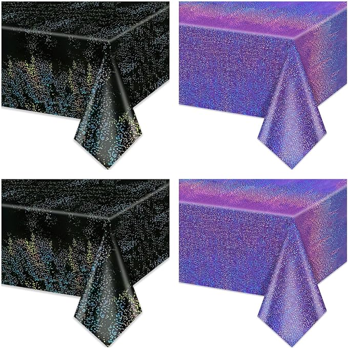 2Pcs Black & 2Pcs Purple Holographic Tablecloths Rectangular Iridescent Tablecloth Shimmer Metallic Table Covers for Halloween Birthday Party Wedding Events Supplies, 54 x 108inch
