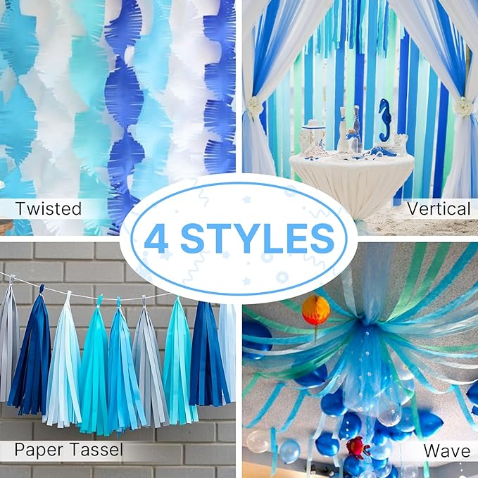 PartyWoo White and Blue Crepe Paper Streamers 4pcs 328ft Pack of Light Blue Pearl White Crepe Paper Streamers for Birthday Gender Reveal Baby Shower Graduation Pool Under The Sea Party Decorations