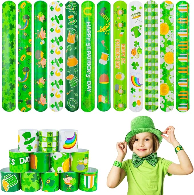 48pcs St. Patrick's Day Slap Bracelets, Lucky Shamrock Kids Snap Wristbands Toys for Irish St. Patty Party Supply