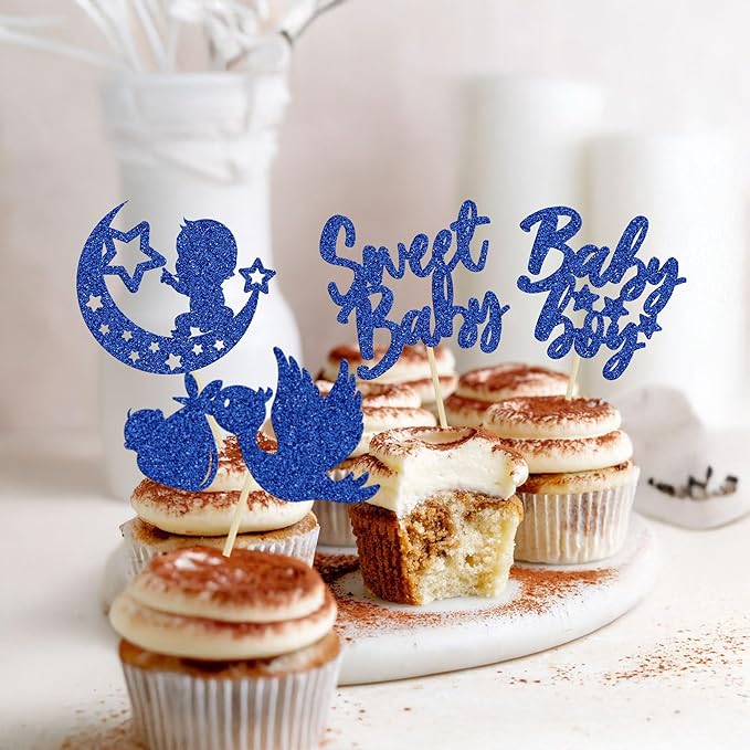 24Pcs Sweet Baby Boy Cupcake Toppers Moon Star Glitter Baby Shower Cupcake Picks Decorations for Gender Reveal Baby Shower Kids Boys Birthday Party Supplies Deep Blue