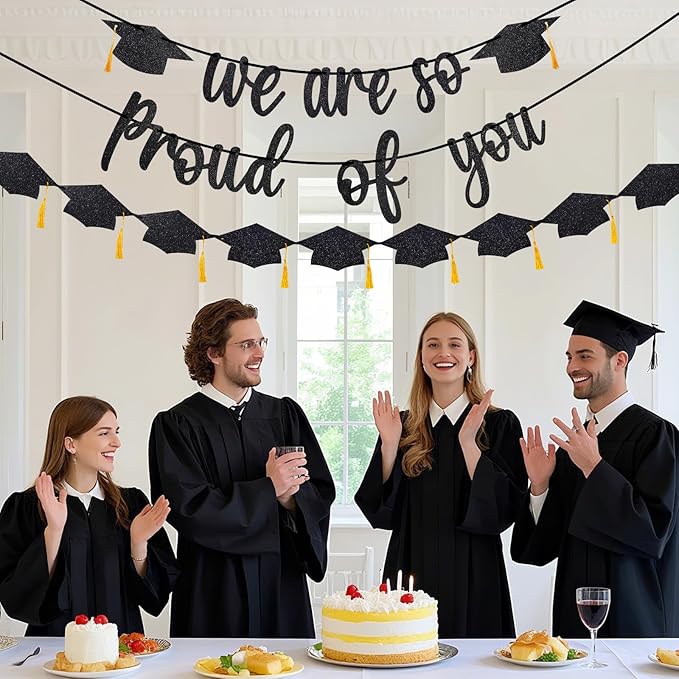 Graduation Decorations 2026, Pre-Strung We Are So Proud of You Banner, Double-Sided Glitter Graduation Banner with Gold Tassels, 2026 Grad Party Decor for College
