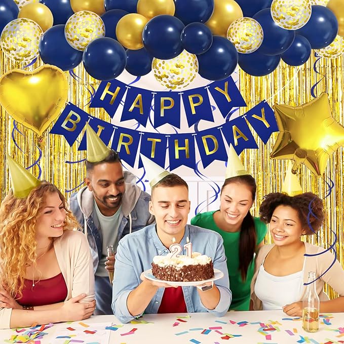 Navy Blue Gold Birthday Decorations, Bday Party Supplies for Men Women Boys Girls with Happy Birthday Banner, Confetti Balloons, Fringe Curtain, Heart Star Foil Balloons, Hanging Swirls