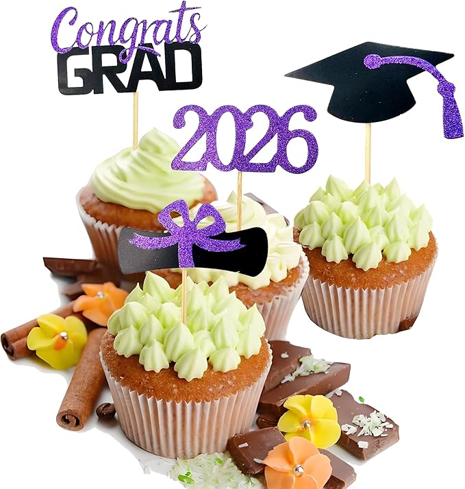 2026 Graduation Cupcake Toppers, 48 PCS Food/Appetizer Picks For Graduation Party Mini Cake Decorations, Diploma, 2026, Grad Cap Set 48 Pieces (05 Purple)