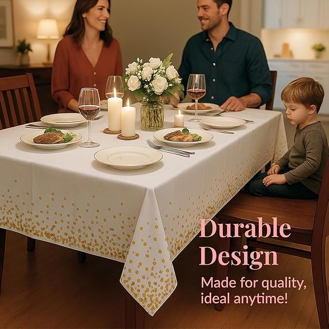 Prestee White and Gold Tablecloths, 4pk, 54x108 Inches - Party Table Cloths Disposable - Gold Dot Disposable Tablecloths - Plastic Table Cloth - Engagement Party Decorations, Baptism Decorations