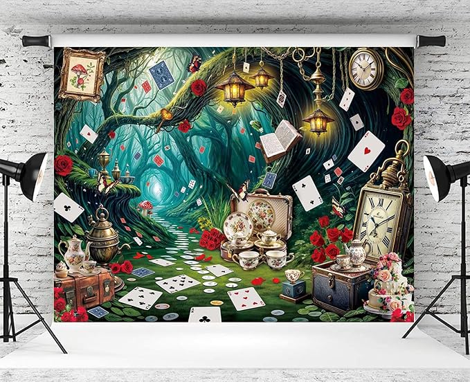 Wonderland Tea Party Backdrop Green Leaves Checkerboard Photography Background Wonderland Girls Kids Birthday Party Party Decoration Banner Supplies (94x70inch(8x6FT))
