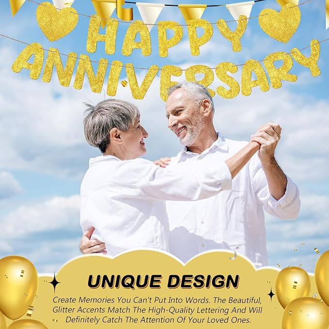 Fulmoon Happy Anniversary Banner Glitter Happy Anniversary Decorations Wedding Party Banner Romantic Decorations No DIY Pre-strung for Wedding Party Birthday Door(Gold)
