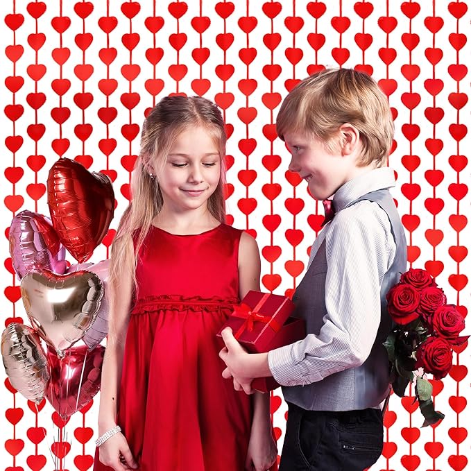 Valentines Day Decorations, 4 Pack Valentines Day Backdrop Garland, Red Heart Foil Fringe Tinsel Backdrop Streamer for Wedding Anniversary Birthday Valentines Party Decor