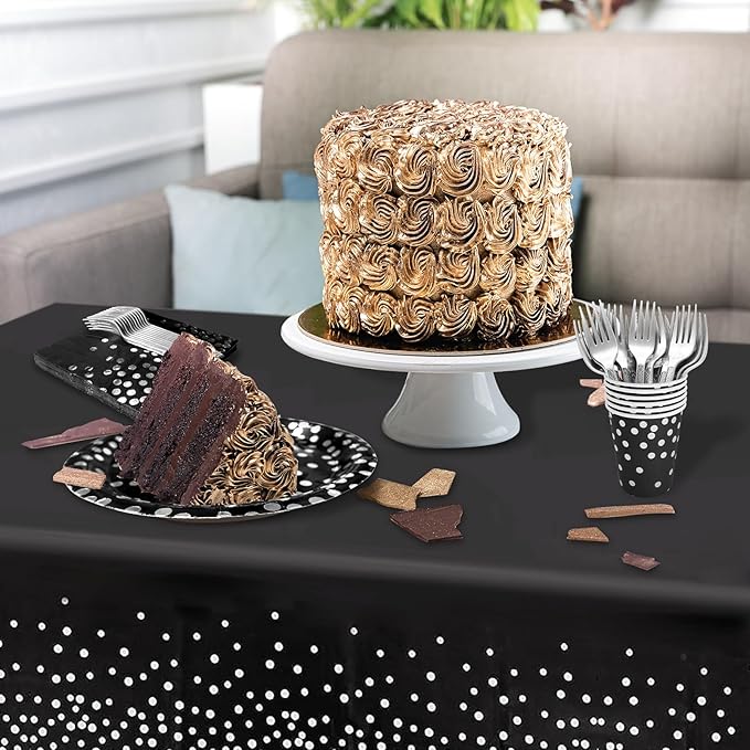 Serves 25 Guests Black and Silver Paper Plates Napkins Party Supplies,9-inch Silver Dot Black Paper Plates Napkins Cups Tablecloths for Father’s Day Prom Retirement Wedding Birthday Party