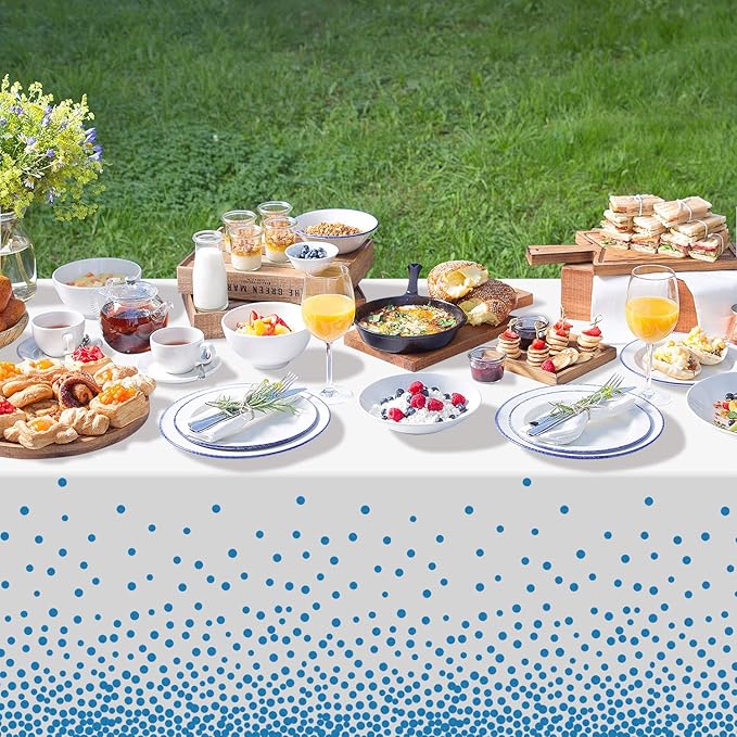 QIKSION 6 Pack White and Blue Dot Plastic Tablecloth, Waterproof Disposable Party Table Cloths for Baby Shower, Wedding, Anniversary, Birthday Party(54 × 108 Inch)