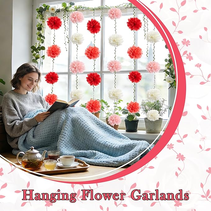 XIANNVXI Pink Tissue Paper Pom Pom Garlands Artificial Flowers Hanging Decorations 8.2ft Hanging Flowers Garland for Wedding Birthday Bridal Shower Party Spring Decorations 2PCS（Rose Pink Gradient）