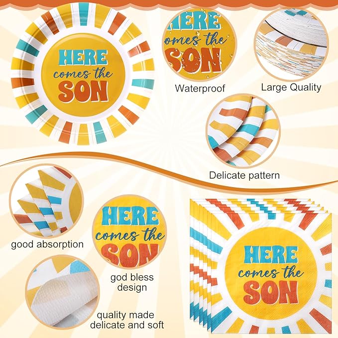 250 Pcs Here Comes The Son Baby Shower Party Decorations Boho Sun Rainbow Disposable Paper Plates Napkins and Cups Tableware Set for Sunshine Boy Baby Shower Party Supplies, Serves 50