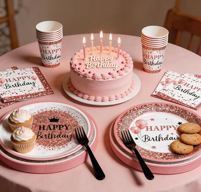 175-Piece Pink Rose Gold Birthday Party Supplies for 25 Guests – Disposable Plates, Cups, Napkins & Cutlery Set, Elegant Princess Party Tableware