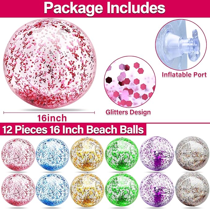 12 Pack Inflatable Beach Balls Bulk - 16" Glitter Pool Toys Balls for Summer Beach Pool Party, Swimming Pool Game Water Beach Toys Party Favor Summer Luau Decoration Essential Blow Up Beach Ball