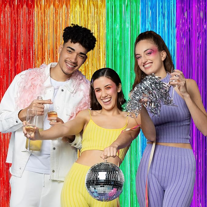 2Pack Rainbow Backdrop Curtains for Wedding Birthday, 3.3x8.2ft Fiesta Party Decorations Foil Fringe Curtains Backdrops, Rainbow Party Supplies for Halloween Metallic Tinsel Backdrop Party Streamers