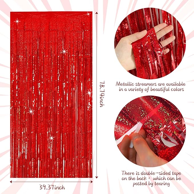 Tinsel Curtain Backdrop Red Birthday Party Decorations 2 Packs Glitter Foil Fringe Curtain Decor Streamers Photo Booth for Christmas Wedding Halloween Graduation