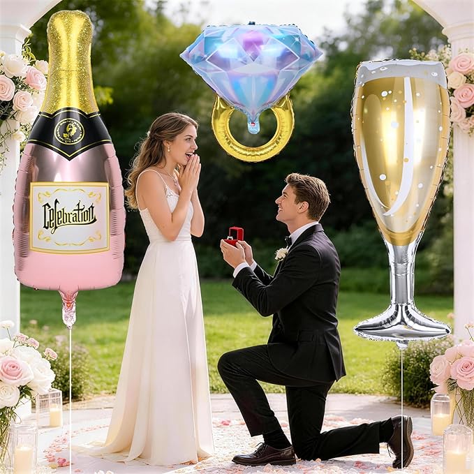 Diamond Ring Balloons Champagne Bottle Wine Glass Foil Balloons for Bachelorette Engagement Bridal Shower Wedding Proposal Marriage Anniversary Just Engaged Married Celebration Party Decorations