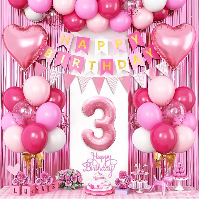 3rd Birthday Decorations for Girls: Hot Pink Balloons, Happy Birthday Banner, Fringe Curtain, Triangle Bunting, Cake Topper, Foil Heart Balloons, Glue, Ribbon