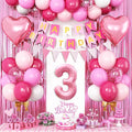 3rd Birthday Decorations for Girls: Hot Pink Balloons, Happy Birthday Banner, Fringe Curtain, Triangle Bunting, Cake Topper, Foil Heart Balloons, Glue, Ribbon