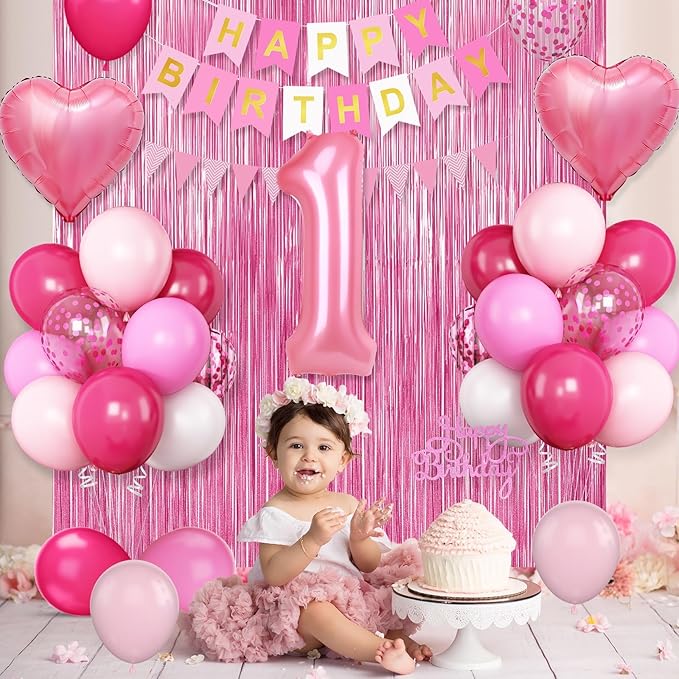 1st Birthday Decorations for Girls,Hot Pink Birthday Balloons with Happy Birthday Banner Fringe Curtain Heart Foil Balloons for 1 Year Old Kids Birthday Decor