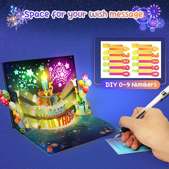 3D Musical Birthday Card with Blowable LED Light Candle, DIY 0-9 Numbers, Happy Birthday Pop Up Cards with Colorful Fireworks Lights, Happy Birthday Song & Exciting Cheering Sound, Impressive Musical