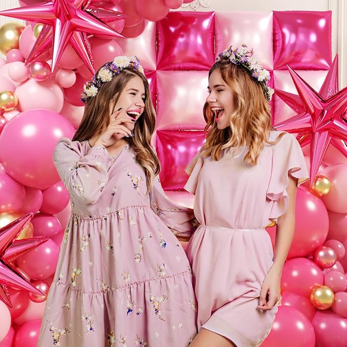 Metallic Magenta Hot Pink Flat Square Foil Balloons Backdrop Wall, Double Sided Tunnel with Latex Pink Balloon Arch Garland Kit for Valentine's Day Anniversary Bridal Wedding Birthday Party Decoration