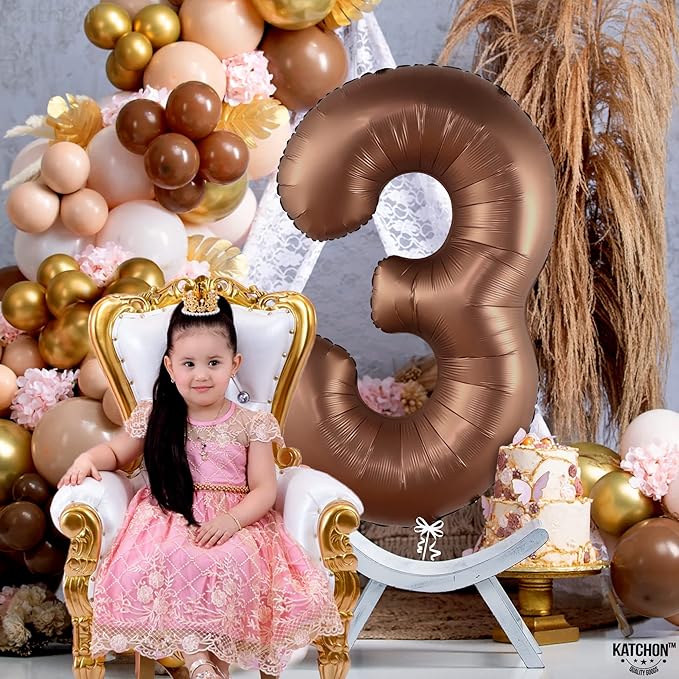 KatchOn, Coffee Brown Number 3 Balloon - 40 Inch | Big Brown 3 Balloon Number, Party Decorations for Girls | 3rd Birthday Decorations for Boys | 3 Foil Balloons, Safari Birthday