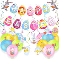 AhfuLife Happy Easter Banner Decorations, 8 Pcs Bunny Egg Chick Hanging Swirl with 12 Pcs Balloons, Larger Easter Banner Sign for Home Office School Decor, Egg Hunt Party Supplies