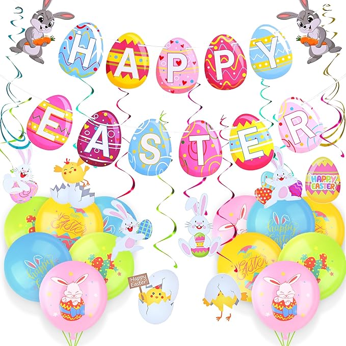 AhfuLife Happy Easter Banner Decorations, 8 Pcs Bunny Egg Chick Hanging Swirl with 12 Pcs Balloons, Larger Easter Banner Sign for Home Office School Decor, Egg Hunt Party Supplies