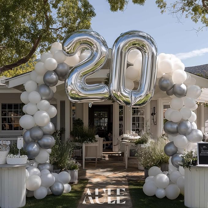 AULE 40 Inch Large 20 Balloon Numbers Silver, Big Foil Number Balloons, Giant Helium Happy 20th Birthday Party Decorations for Man and Women, Huge Mylar Anniversary Party Supplies