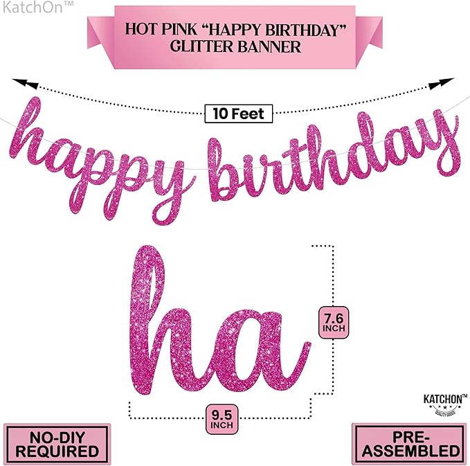 KatchOn, Glitter Pink Cursive Happy Birthday Banner - Pre-Strung, 10 Feet | Birthday Decorations for Women, Girls | Hbd Banner Backdrop For Pink Birthday Decorations, Happy Birthday Sign