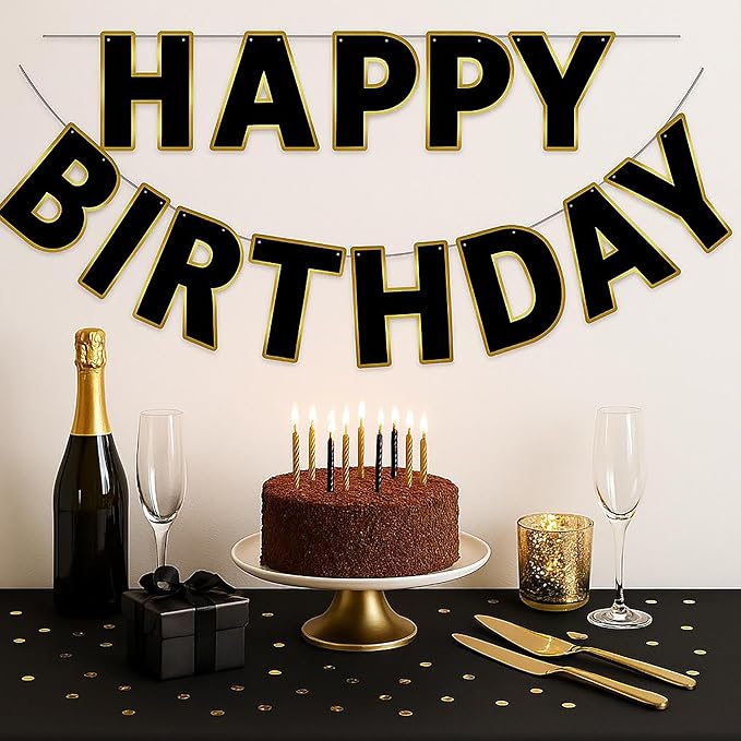 Happy Birthday Banner Black & Gold Birthday Signs Banners, Birthday&Colorful Party Decorations for Girls, Boys, Women, Adults, Pets, Photo Backdrop & Wall Decor for All Celebrations