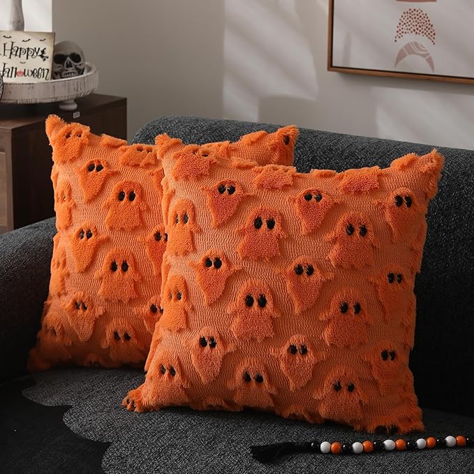 DFXSZ Halloween Pillow Covers 16x16 inch Set of 2 Orange Ghost Throw Pillow Cases Soft Plush Faux Fur Wool Couch Cushion Case for Chair Sofa Bedroom Living Room Home Decor PTK03C16