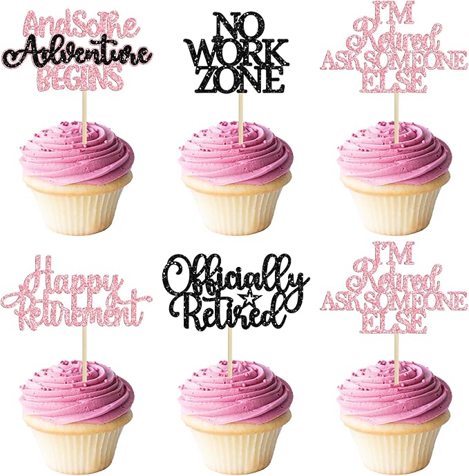 Gyufise 30Pcs Happy Retirement Cupcake Toppers Officially Retired Cake Toppers No Work Zone Adventure Begins Cupcake Picks for Retirement Theme Farewell Birthday Party Decorations Supplies Pink Black