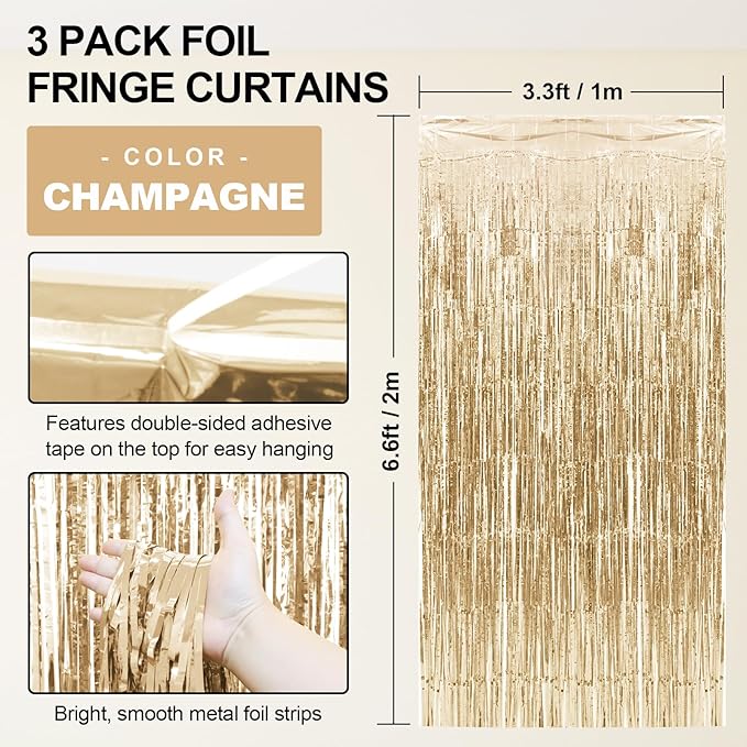 Homiest 3 Pack Champagne Tinsel Backdrop, 3.3x6.6 FT Metallic Tinsel Foil Fringe Curtains Party Decorations, Birthday Door Streamers for Baby Shower Wedding, Photo Booth Props Background Wall Decor