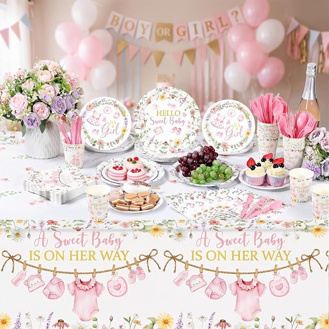 Pickmesh 194 Pcs It's a Girl Sweet Baby Shower Decorations for 24, Spring Pink Floral Baby Shower Paper Plates and Napkins Cups Tablecloth Cutlery for Gender Reveal Party Supplies