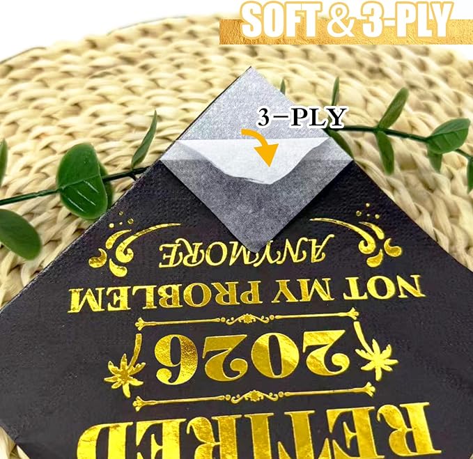 Retired 2026 Cocktail Napkins, 50 Pack 3-Ply Retirement Party Decorations Supplies, Black & Gold Disposable Napkins for Farewell,Coworker Goodbye & Going Away Celebration (5"x5")