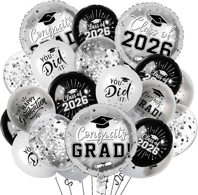 Black and Silver Graduation Balloons Graduation Decorations 2026, 51Pcs Grad Latex Balloons and Grad Foil Balloon with Confetti Ribbons Grad Party Decorations for College High School