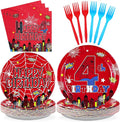 Grencian 96Pcs Spider 4th Birthday Party Supplies Red Blue Spider 4th Birthday Plates Disposable Cartoon Super Theme Hero Paper Tableware Set for Boys Kids Spider 4 Year Old Party Decorations Serve 24