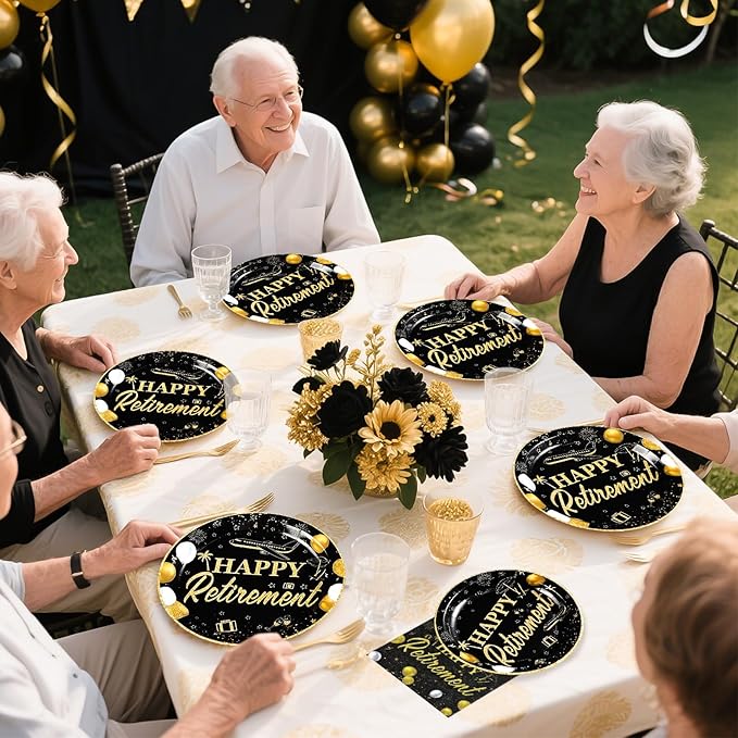 Grencian 96Pcs Happy Retirement Party Supplies Black Gold Plates and Napkins Retirement Tableware Sets Disposable Decoration for Men Birthday Farewell Graduations Going Away Party Serve 24