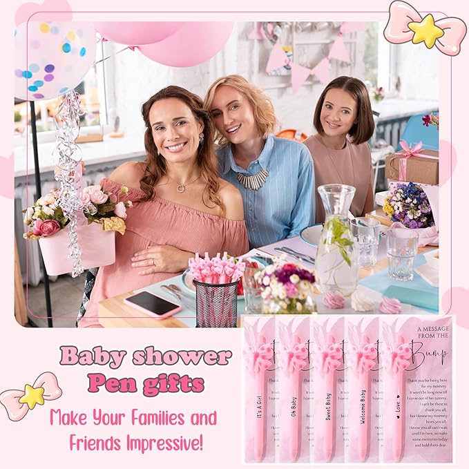 50 Set Baby Shower Party Gift Pen Favors for Guests Include 50 Pink Blue Bow Ballpoint Pens 50 Baby Shower Thank You Cards with Opp Bags for Gender Reveal Party Prizes Souvenirs(Girl)